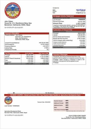 Nepal Agriculture Development Bank mortgage statement Word and PDF template