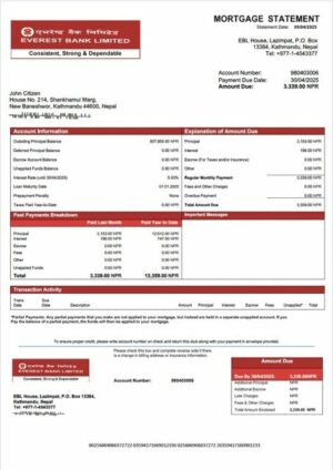 Nepal Everest Bank mortgage statement Word and PDF template