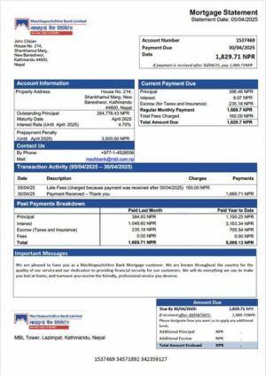Nepal Machhapuchchhre Bank mortgage statement Word and PDF template