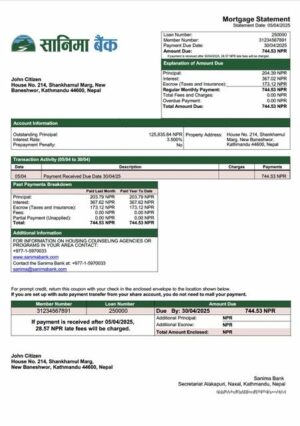 Nepal Sanima Bank mortgage statement Word and PDF template
