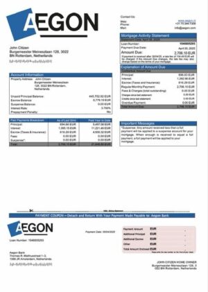 Netherlands Aegon Bank mortgage statement Word and PDF template