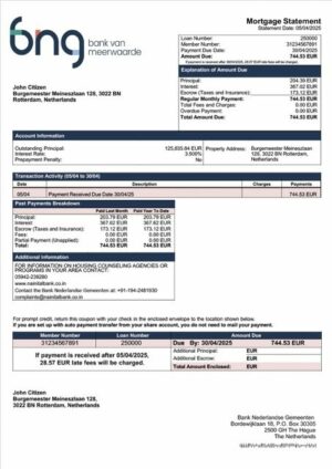 Netherlands Bank Nederlandse Gemeenten mortgage statement Word and PDF template