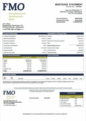 Netherlands FMO Bank mortgage statement Word and PDF template
