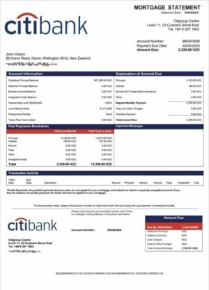New Zealand Citibank New Zealand mortgage statement Word and PDF template