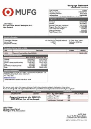 New Zealand MUFG Bank mortgage statement Word and PDF template