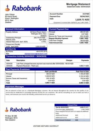 New Zealand Rabobank mortgage statement Word and PDF template