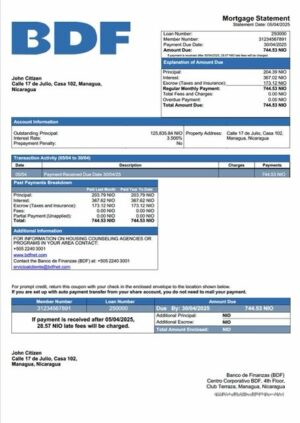 Nicaragua Banco de Finanzas (BDF) mortgage statement Word and PDF template
