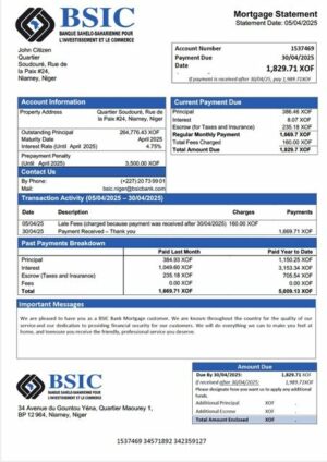 Niger BSIC Bank mortgage statement Word and PDF template