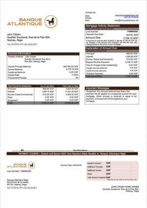 Niger Banque Atlantique Niger mortgage statement Word and PDF template