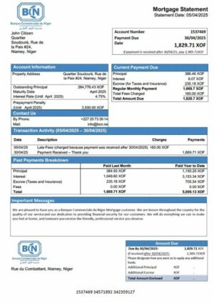 Niger Banque Commerciale du Niger (BCN) mortgage statement Word and PDF template