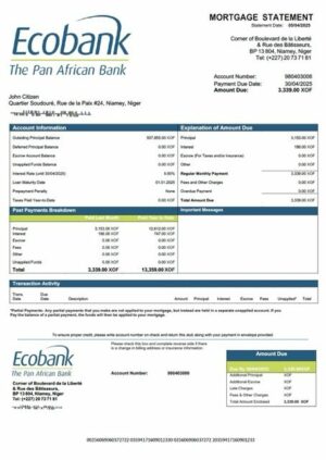 Niger Ecobank mortgage statement Word and PDF template