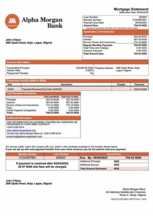 Nigeria Alpha Morgan Bank mortgage statement Word and PDF template
