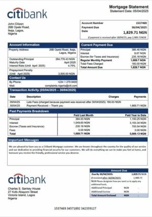Nigeria Citibank mortgage statement Word and PDF template