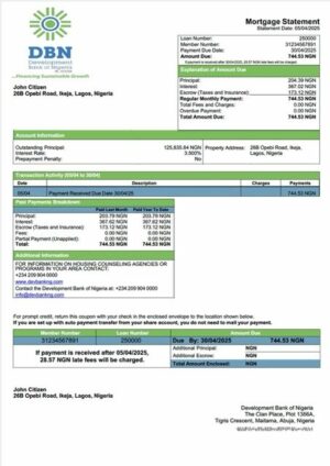 Nigeria Development Bank of Nigeria mortgage statement Word and PDF template