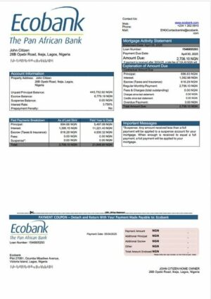 Nigeria Ecobank mortgage statement Word and PDF template
