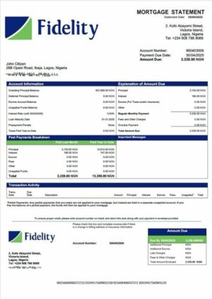 Nigeria Fidelity Bank mortgage statement Word and PDF template