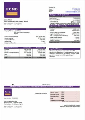 Nigeria First City Monument Bank mortgage statement Word and PDF template