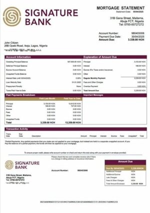Nigeria Signature Bank mortgage statement Word and PDF template