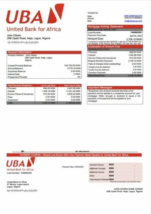 Nigeria United Bank for Africa mortgage statement Word and PDF template