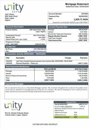 Nigeria Unity Bank mortgage statement Word and PDF template