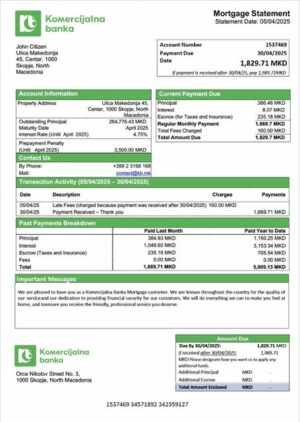 North Macedonia Komercijalna Banka mortgage statement Word and PDF template