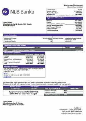 North Macedonia NLB Banka mortgage statement Word and PDF template
