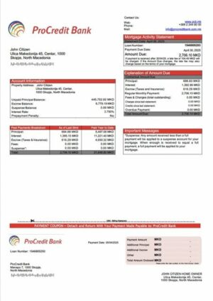North Macedonia ProCredit Bank mortgage statement Word and PDF template