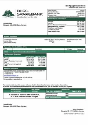Norway Berg Sparebank mortgage statement Word and PDF template