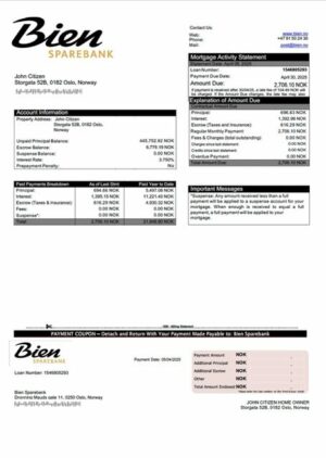 Norway Bien Sparebank mortgage statement Word and PDF template