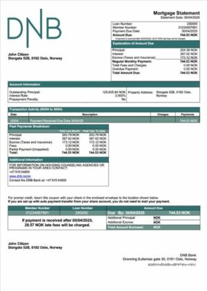Norway DNB Bank mortgage statement Word and PDF template
