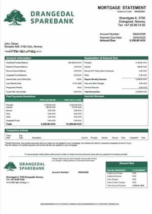 Norway Drangedal Sparebank mortgage statement Word and PDF template