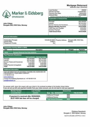Norway Eidsberg Sparebank mortgage statement Word and PDF template
