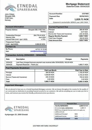 Norway Etnedal Sparebank mortgage statement Word and PDF template