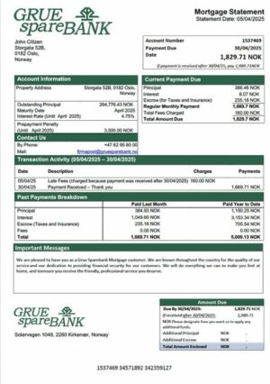 Norway Grue Sparebank mortgage statement Word and PDF template