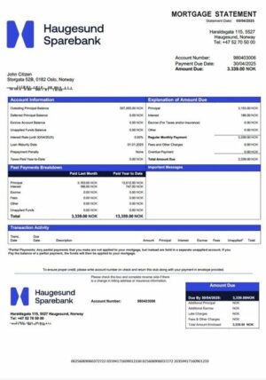 Norway Haugesund Sparebank mortgage statement Word and PDF template