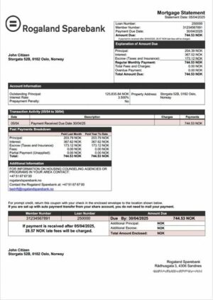 Norway Rogaland Sparebank mortgage statement Word and PDF template