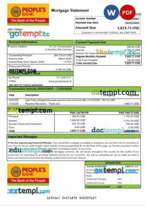 Sri Lanka People’s Bank mortgage statement in Word and PDF formats