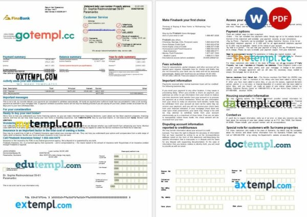 Suriname Finabank bank mortgage statement in Word and PDF formats, 2 pages