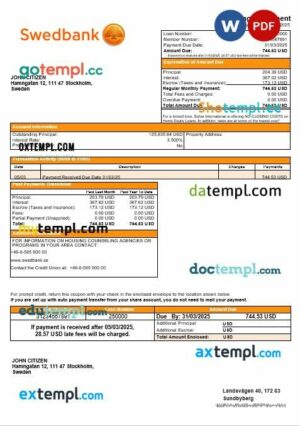 Swedish Swedbank bank mortgage statement in Word and PDF formats