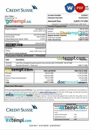 Swiss Credit Suisse bank mortgage statement in Word and PDF formats