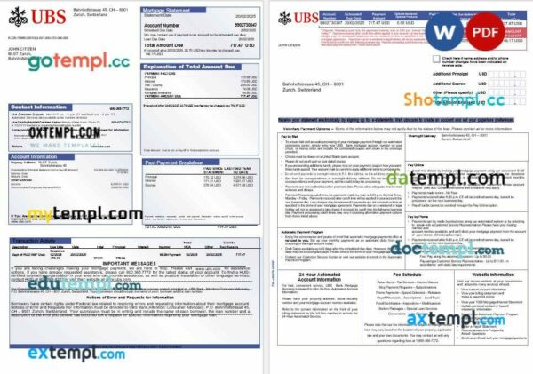 Swiss UBS bank mortgage statement in Word and PDF formats