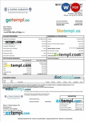 Switzerland Bank J. Safra Sarasin bank mortgage statement in Word and PDF formats