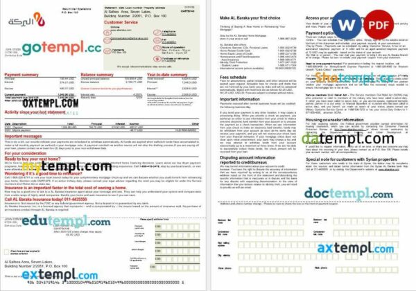 Syrian Al Baraka bank mortgage statement in Word and PDF formats, 2 pages