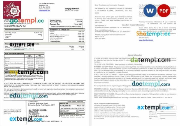 Syrian Cham Bank mortgage statement in Word and PDF formats