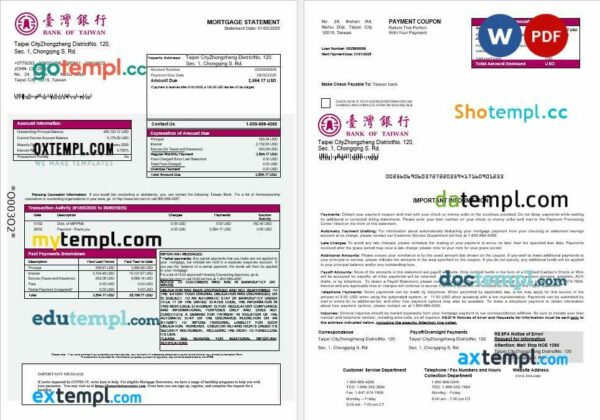 Taiwan Bank of Taiwan bank mortgage statement in Word and PDF formats