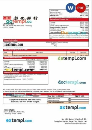 Taiwan Chang Hwa Bank mortgage statement in Word and PDF formats