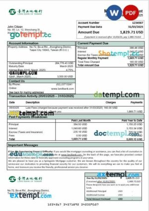 Taiwan Land Bank of Taiwan bank mortgage statement in Word and PDF formats