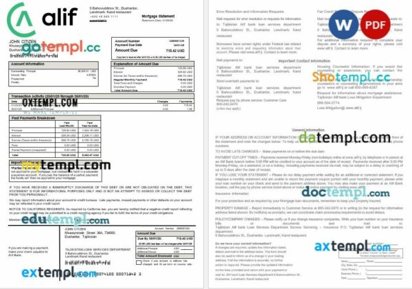Tajikistan Alif Bank mortgage statement in Word and PDF formats