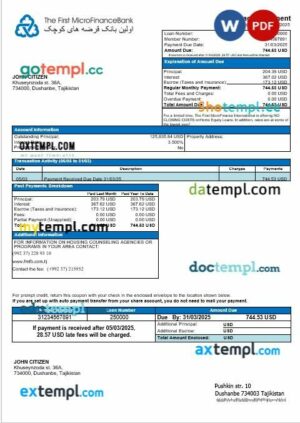 Tajikistani The First MicroFinance (FMFB) mortgage statement in Word and PDF formats