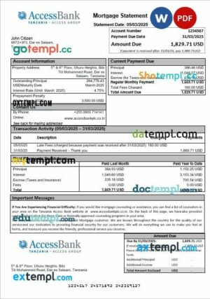 Tanzania Access Bank mortgage statement in Word and PDF formats